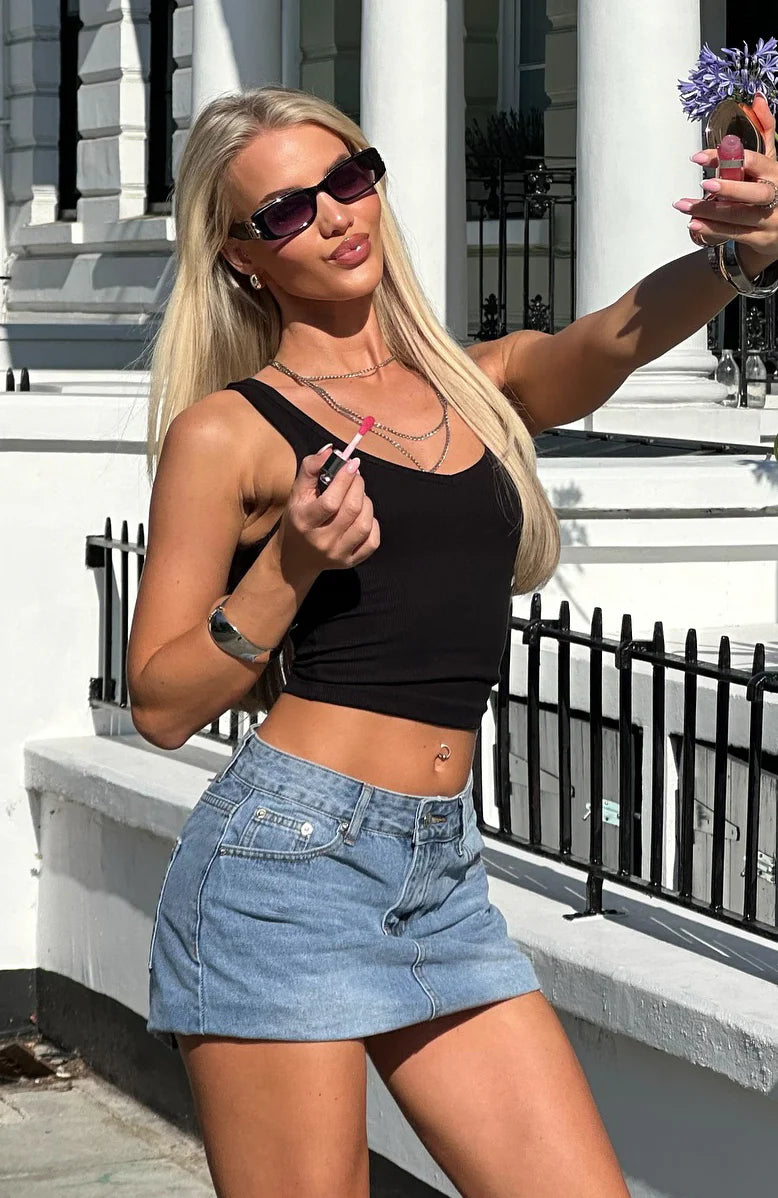 Know It All Low Rise Denim Mini Skirt Mid Blue