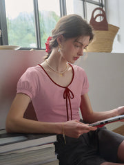 Ayra Round Neck Tie-Dye Short Sleeve Knit T-Shirt With Shoulder Insert - Pink