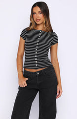 You Were Right Striped Button Up Top Dark Grey/Black Stripe