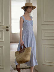 Mariah Simple Square Neck Striped A-line Cotton Dress- Blue