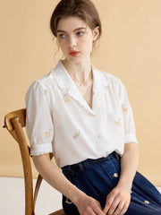 Marceline Simple V Neck Embroidered Cotton Shirt