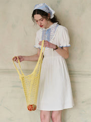 Katie Lace Round Neck Striped Floral Contrast Puff Sleeve Patchwork Cotton Dress