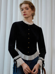Alice Contrast Lace Ruffle Trim Velvet Blouse