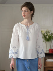 Regina Fringed Tie Round Neck Hollow Embroidered Blouse
