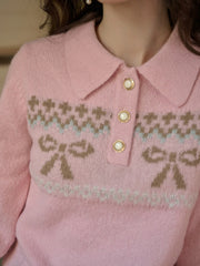 Paloma Polo Collar Printed Colour-Crossing Bowknot Pullover Sweater