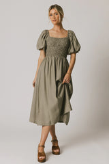 Janie Smocked Midi Dress in Olive