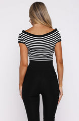 Sweet Dreams Cinched Waist Off Shoulder Top Black/White Stripe
