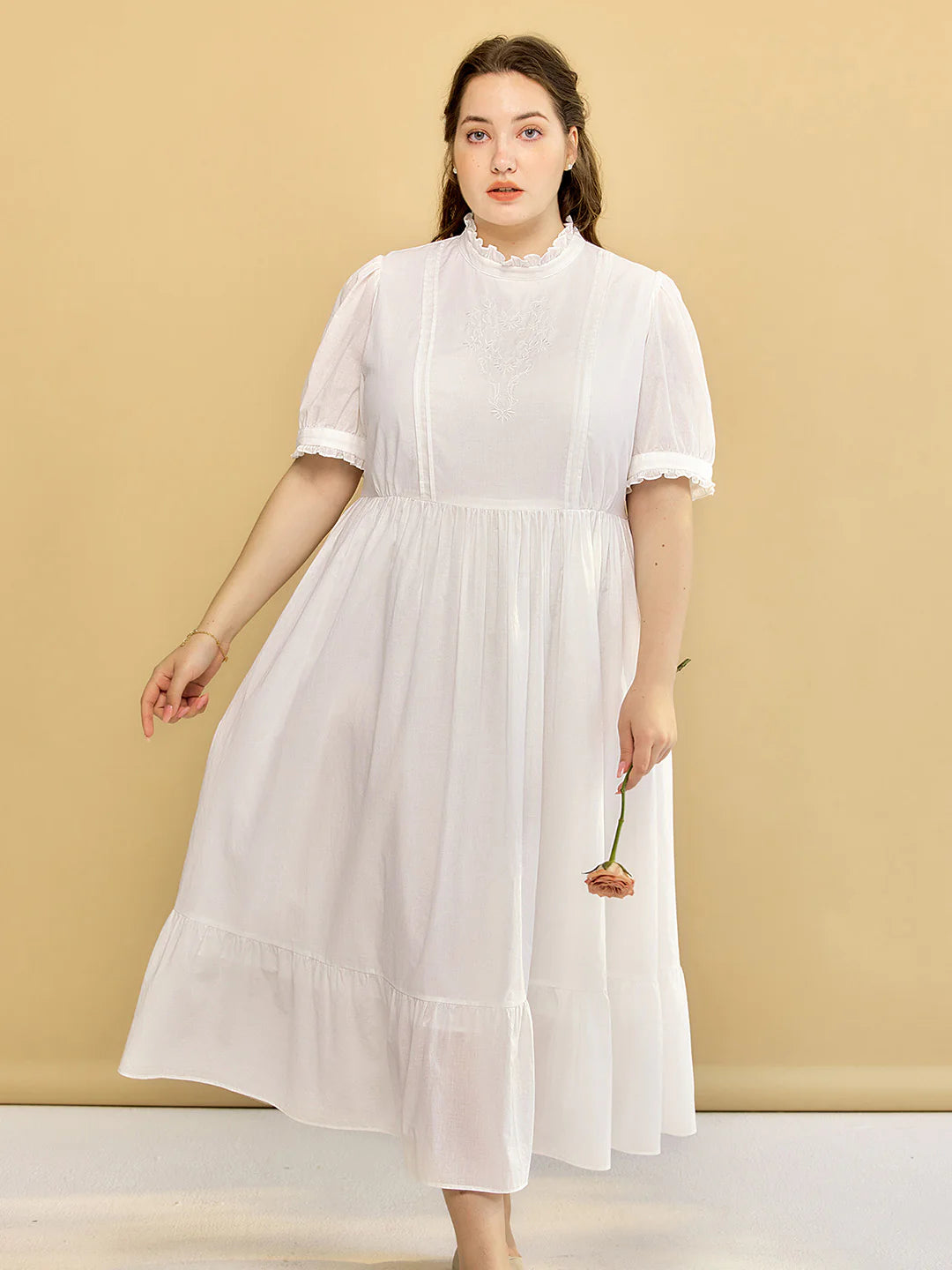 Plus Size Afra White Stand-up Collar Bubble Sleeve Dress