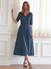 Fiona 100% Cotton Demin Blue Midi Dress