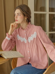 Kitty Wavy Stand Collar Lace Blouse - Pink
