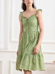 Azaria Ditsy Floral Embroidery Ruffle Cotton Dress