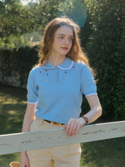 Roselyn Notched Lapel Contrasting Trim Embroidery Top