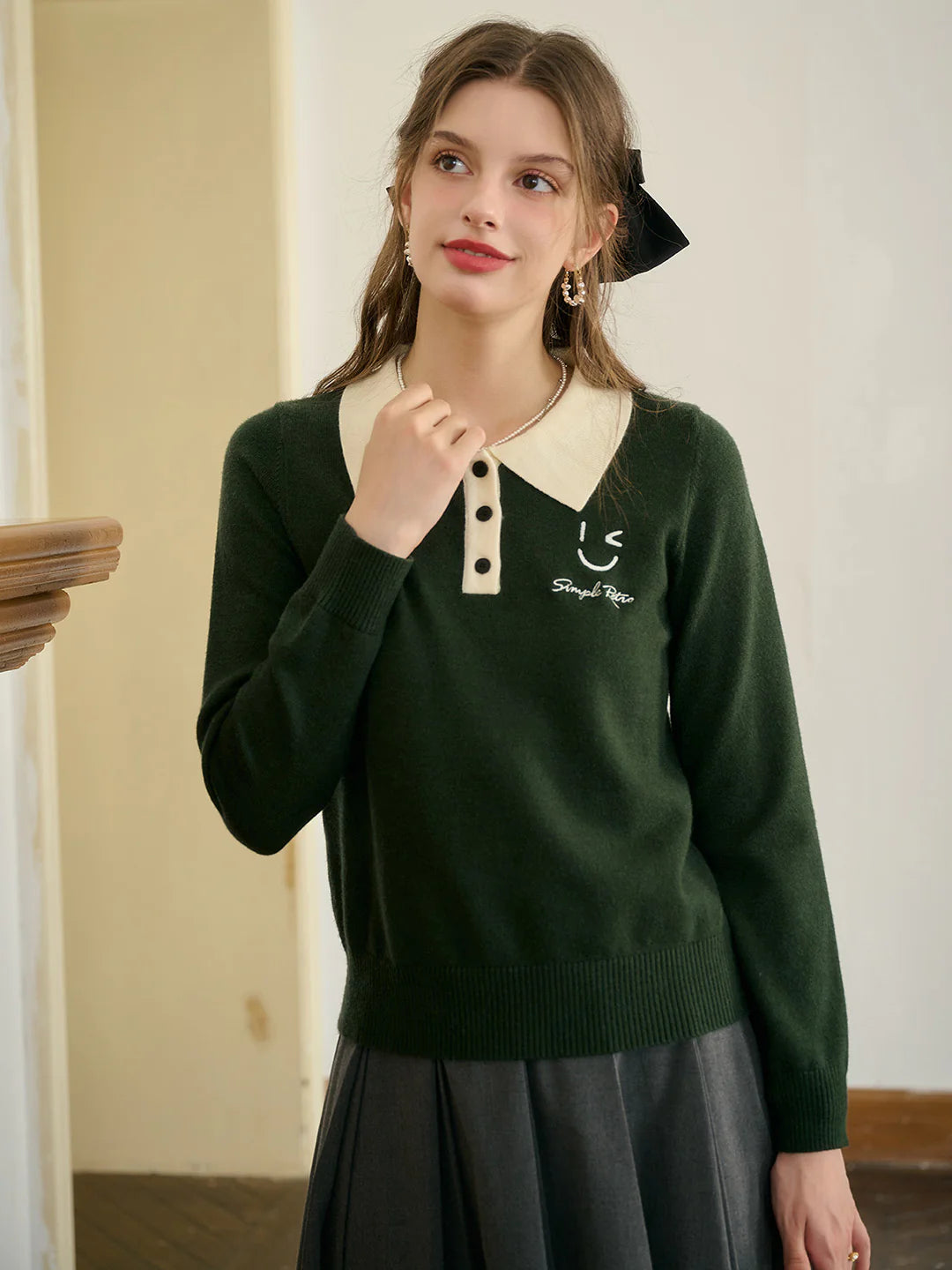 Freya Custom Collar Contrast Color Print Button-Front Blouse