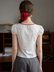 Julieta Contrast Color Round Neck Puff Sleeve T-shirt