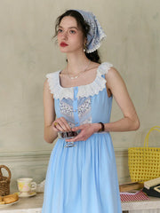 Yamileth Square Collar A-Line Contrasting Floral Sleeveless Cotton Dress