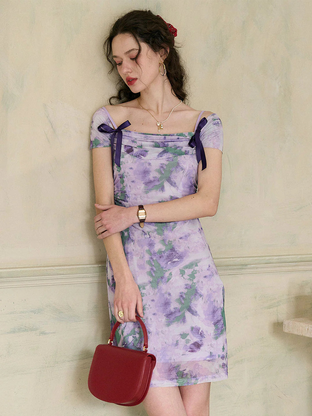 Jacqueline Floral Print Off-The-Shoulder Contrast Bow Slip Dress