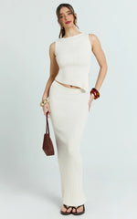 Cream Two-Piece Set: Asymmetric Top and Maxi Skirt