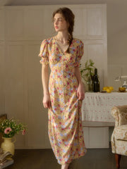 Xena V-Neck Floral Puff Sleeve Dress - Red