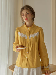 Kitty Wavy Stand Collar Lace Blouse - Yellow