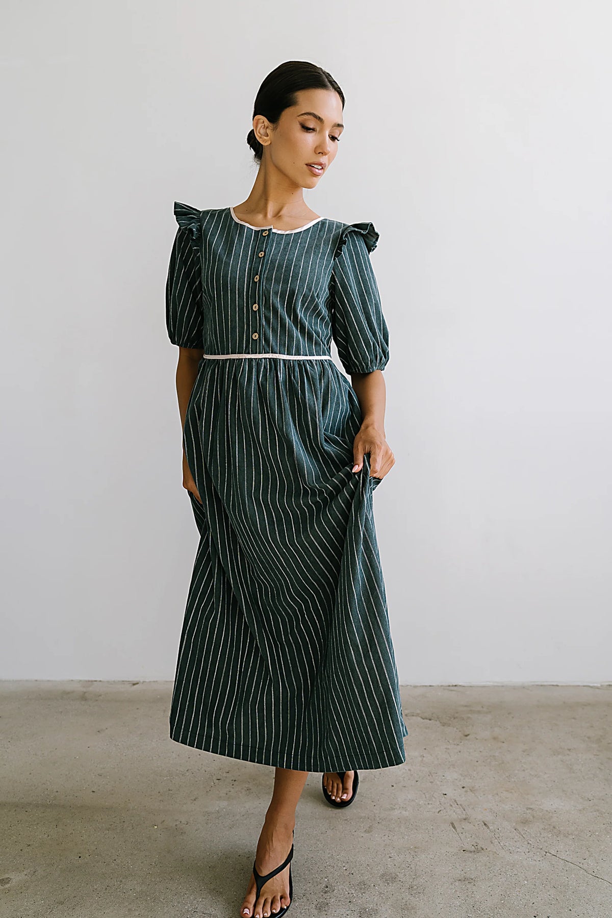 Berlin Corduroy Baby Doll Midi Dress in Green