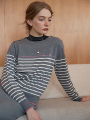 Nori Vintage Striped Contrast Crewneck Knit Top-Grey