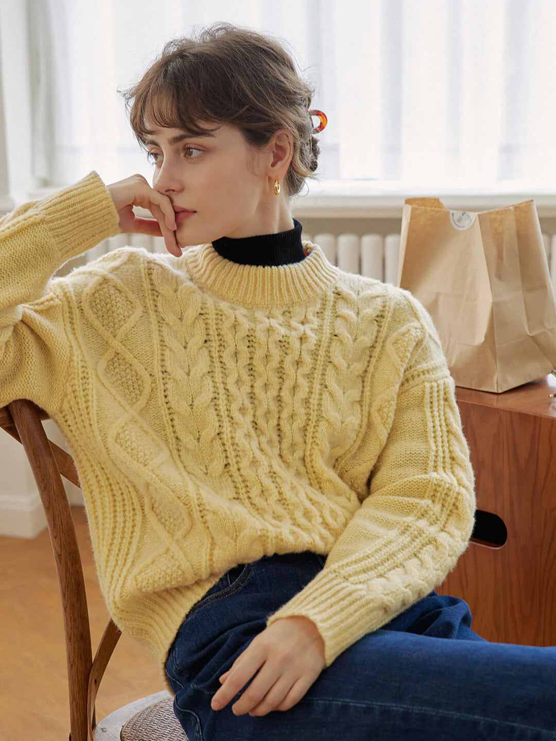 Raina Cable Yellow Irish Knit Wool Sweater