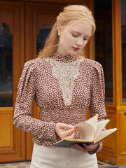 Scarlett Maple Leaf Print Waist-Cinching Lace Contrast Blouse