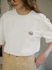 Journey Puppy Applique Round Neck Short Sleeve Casual T-Shirt - White