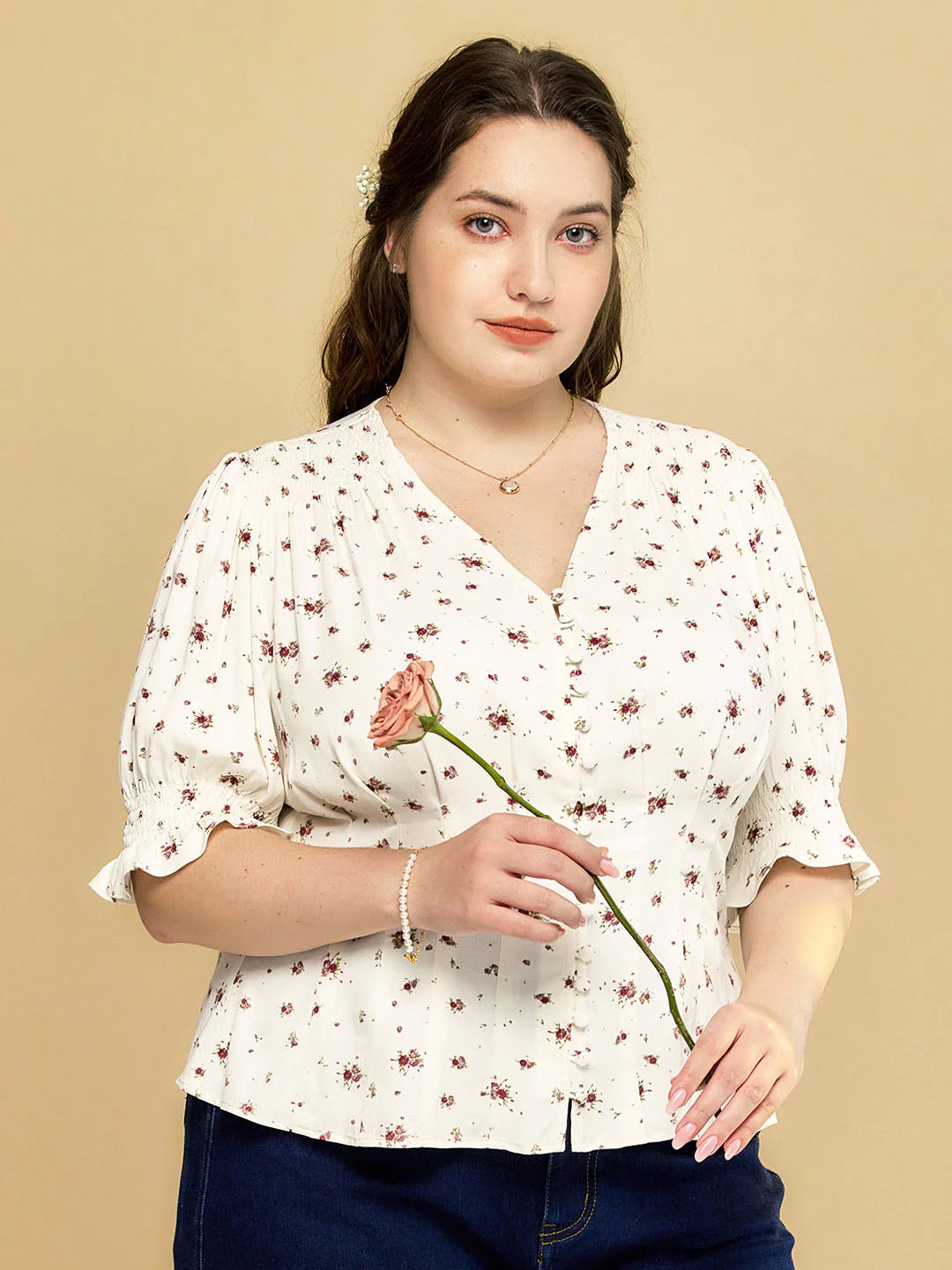 Plus Size Rosalina V-Neck Puff Sleeve Shirt