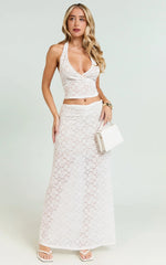 Two Piece Set - Stretch Lace Halter Top and Maxi Skirt in White