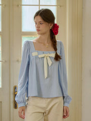 Lilia Square Collar Bow Light Blue Blouse
