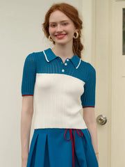 Harmoni Notched Lapel Contrasting Knitted Top