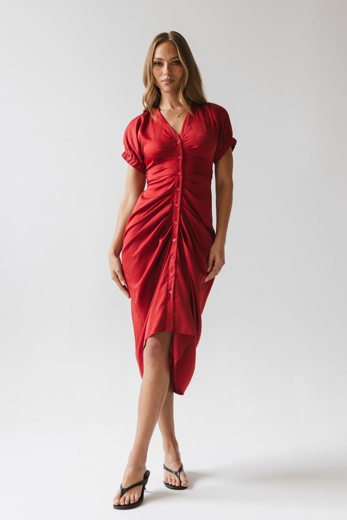 Opie Satin Midi Dress in Red-Orange