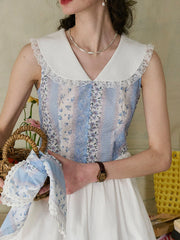 Emelia Lace Lapel Striped Floral Patchwork Contrast Cotton Dress