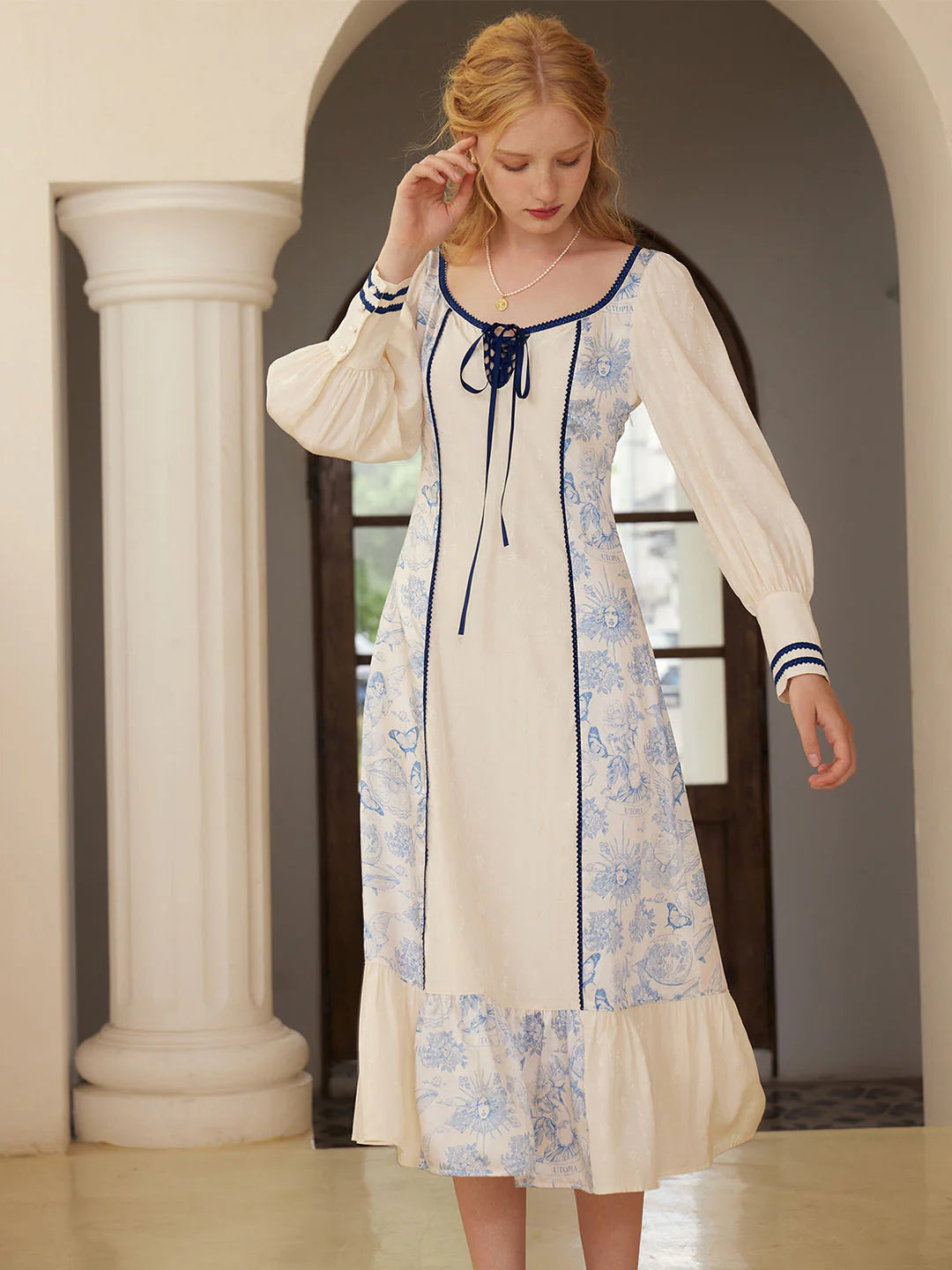 Violet Square Neck Paneled Lantern Sleeve Printed Dress