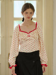 Ashlynn Square Collar Contrasting Polka Dots Bow Blouse
