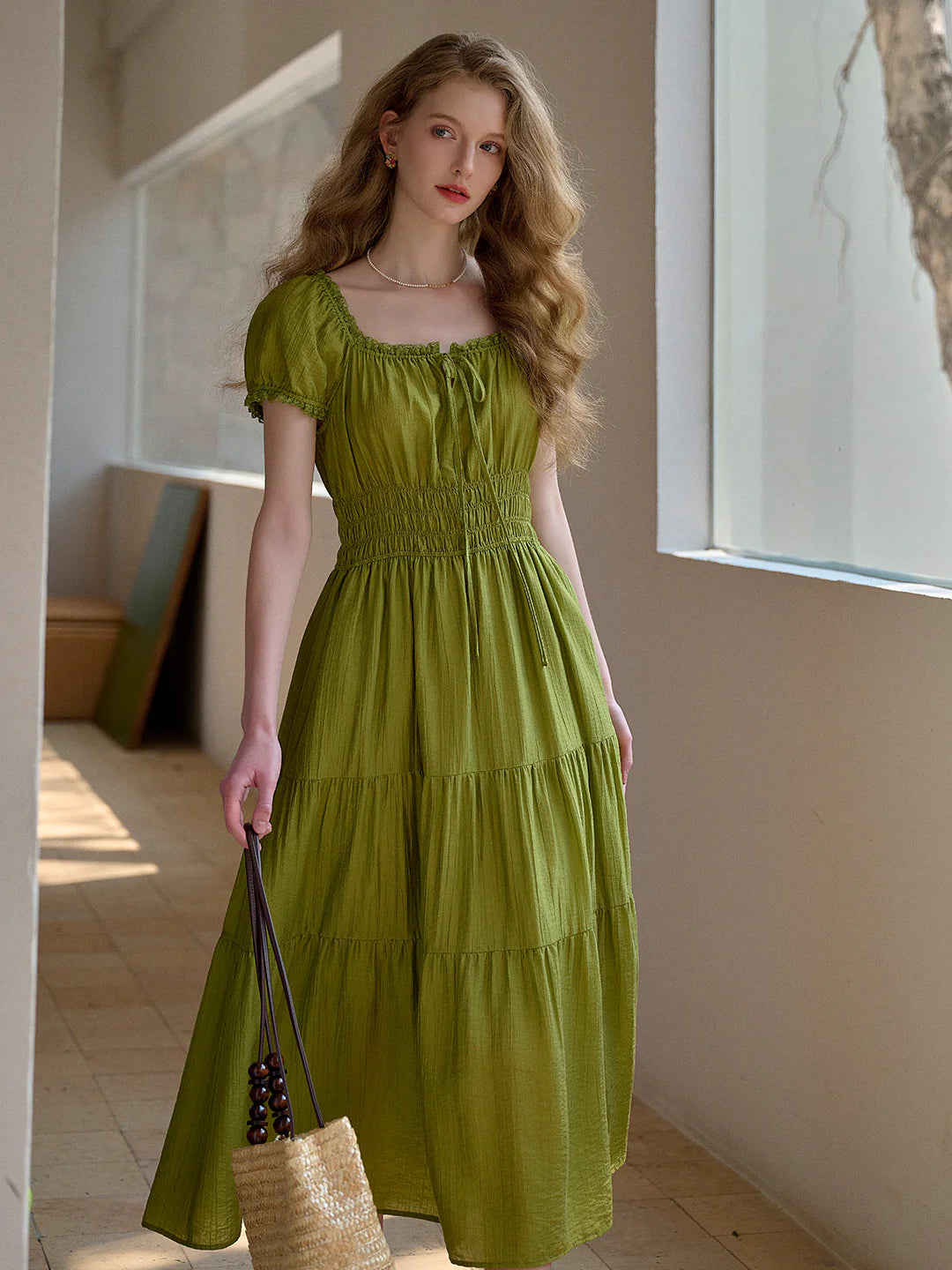 Dakota Round Neck Pleated Puff Sleeves Lyocell Dress