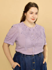 Plus Size Gracie Round Collar Embroidery Blouse-Taro Purple