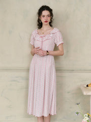 Judith Square Collar Trimmed Floral Bow Stripe Dress