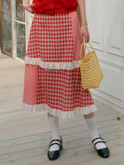 Dalia Sweet Lace Contrasting Plaid Cake Skirt