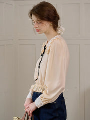 Jolie Doll Collar Contrasting Lace-up Pleated Blouse