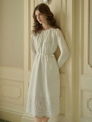 Lilly Round Neck Hem Hollow Embroidered Cotton Dress
