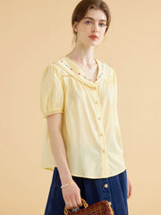 Angelique Embroidered Lapel Puff Sleeve Cotton Shirt