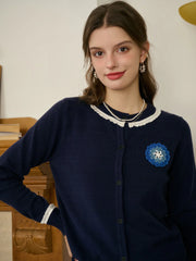 Faye Women's Embroidered Color-Block Round Neck Cardigan