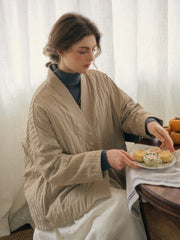 Simple Retro Emi Collarless Pocket Down Jacket - Khaki