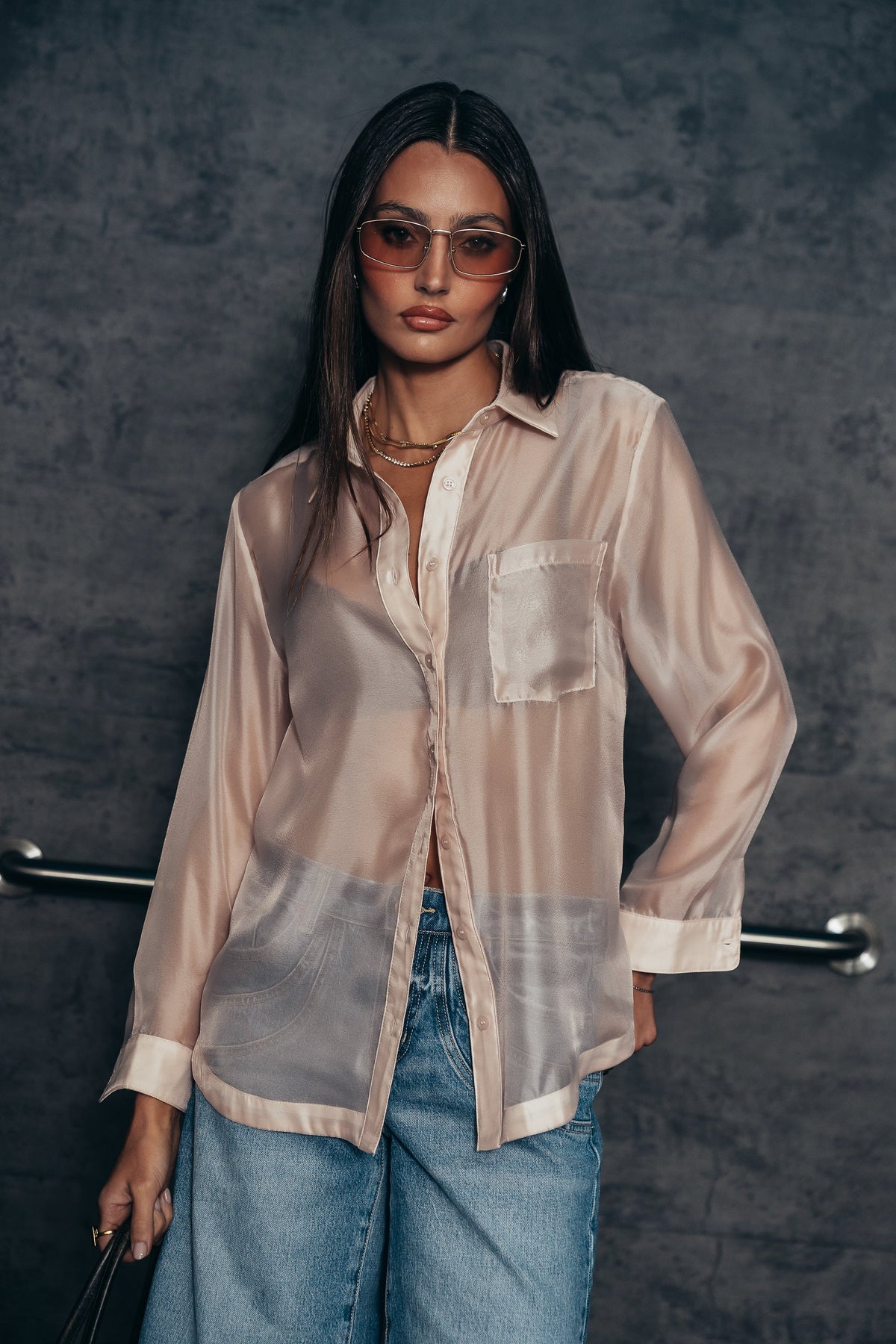 Liberty Sheer Button Up Blouse in Blush