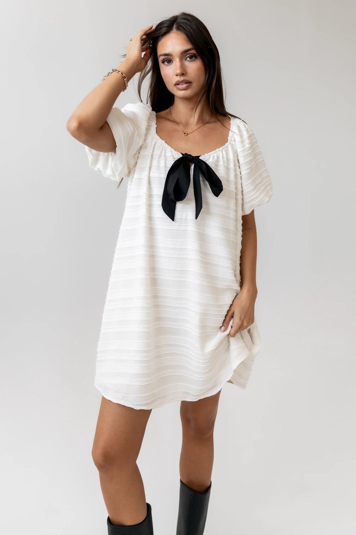 Minnie Textured Baby Doll Dress in Ivory