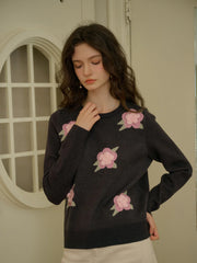 Sarahi Embroidery Round Neck Hollow 3D Flower Knitted Wool Sweater