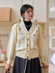 Kira V-Neck Crochet Tie-Waist Wool Sweater