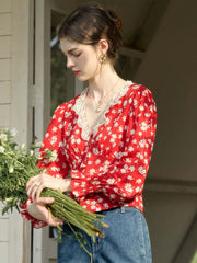 Stevie Vintage Lace Patchwork V-neck Blouse